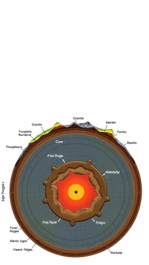 Geological cross-section of the Earth showing crust, mantle, and core with labeled rock types and tectonic features.